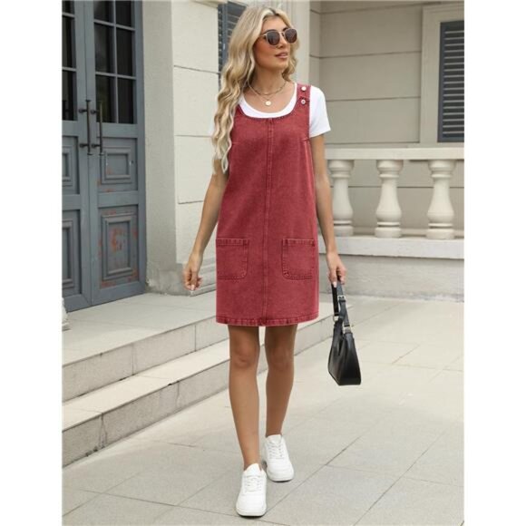 Denim Overall Dress for Women Casual Mini Sleeveless Jean Vintage Jumper - Picture 4 of 5